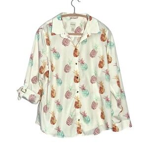 Chicos Shirt Womens Size 2 Large No Iron Button Tropical‎ Pineapple Roll Sleeves